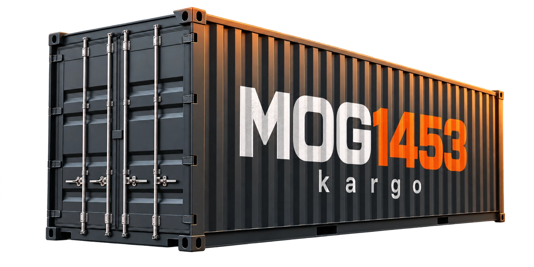 Dark cargo container with MOG 1453 Kargo painted on the side