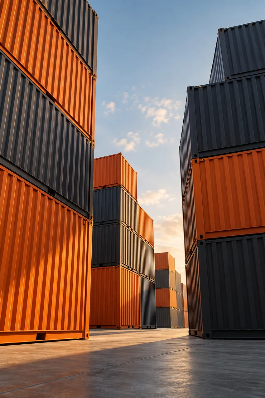 Orange and charcoal cargo containers